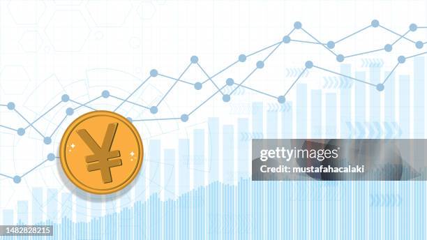 shiny golden yuan coin on an inclining financial chart - chinese coin stock illustrations