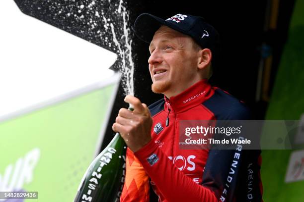 Tao Geoghegan Hart of United Kingdom and Team INEOS Grenadiers celebrates at podium as stage winner during the 46th Tour of the Alps 2023, Stage 1 a...