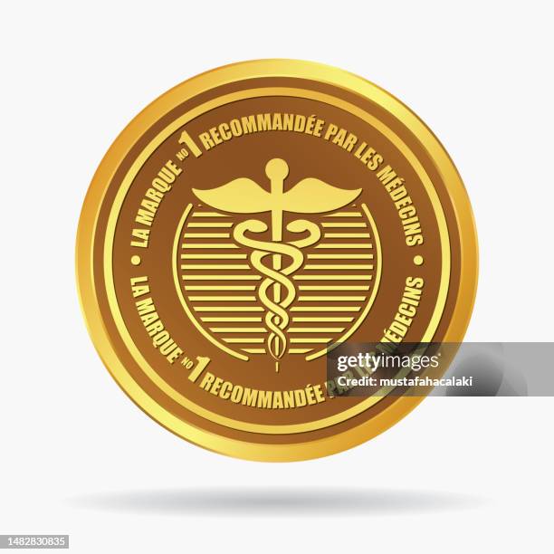 ilustraciones, imágenes clip art, dibujos animados e iconos de stock de insignia médica dorada recomendada por un médico en francés - sombra paralela