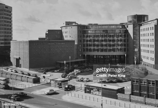 Exterior view of BBC Television Centre , the headquarters of British Broadcasting Company Television, on Wood Lane at White City, London, England,...