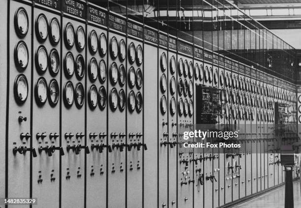 Wall of dials and consoles to monitor local transformers, generators and feeders from the control room at the Battersea Power Station, in London,...