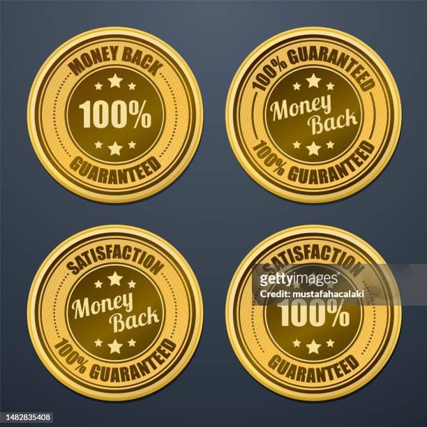 goldene 100-prozent-geld-zurück-garantie-abzeichen - lapel stock-grafiken, -clipart, -cartoons und -symbole