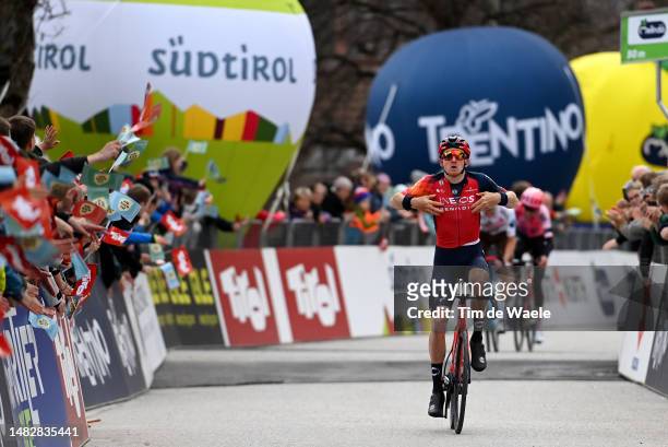 Tao Geoghegan Hart of United Kingdom and Team INEOS Grenadiers celebrates at finish line as stage winner during the 46th Tour of the Alps 2023, Stage...