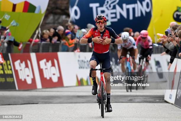 Tao Geoghegan Hart of United Kingdom and Team INEOS Grenadiers celebrates at finish line as stage winner during the 46th Tour of the Alps 2023, Stage...