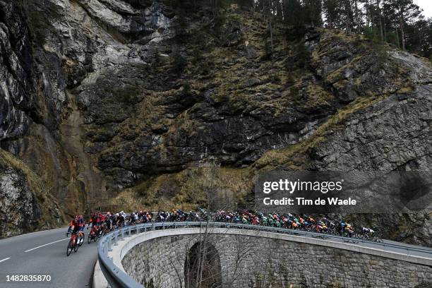 General view of the peloton compete climbing to the Brandenberg during the 46th Tour of the Alps 2023, Stage 1 a 127.5km stage from Rattenberg to...