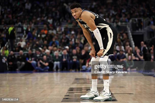 Giannis Antetokounmpo of the Milwaukee Bucks waits for a free throw during Game One of the Eastern Conference First Round Playoffs against the Miami...