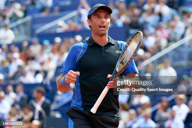 Pablo Andujar of Spain celebrates a point against Tomas Martin Etcheverry of Argentina during day one of the Barcelona Open Banc Sabadell at Real...