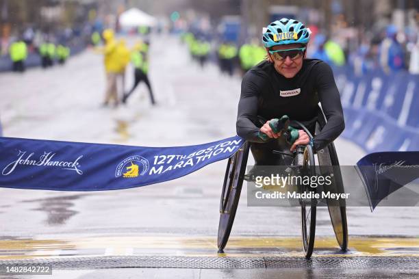 Susannah Scaroni of the United States crosses the finish line and takes first place in the professional Women's Wheelchair Division during the 127th...