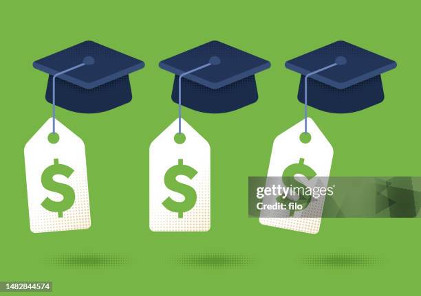 ilustraciones, imágenes clip art, dibujos animados e iconos de stock de graduation college university costo de matrícula deuda precio etiqueta concepto de gasto - pago de matrícula