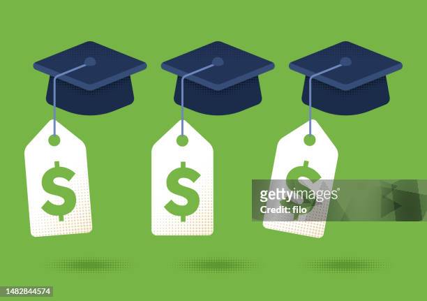 stockillustraties, clipart, cartoons en iconen met graduation college university tuition cost debt price tag expense concept - student loan