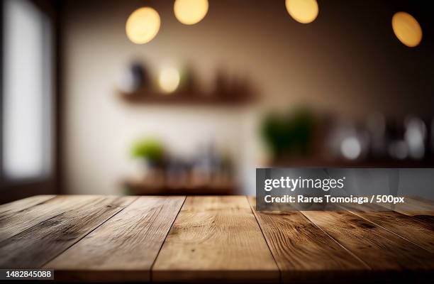 abstract empty wooden desk table with copy space over interior modern room with blurred background,romania - mesa fotografías e imágenes de stock