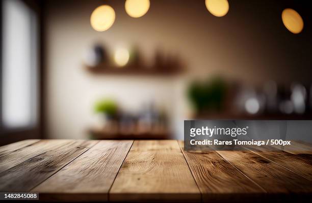 abstract empty wooden desk table with copy space over interior modern room with blurred background,romania - empty table foto e immagini stock
