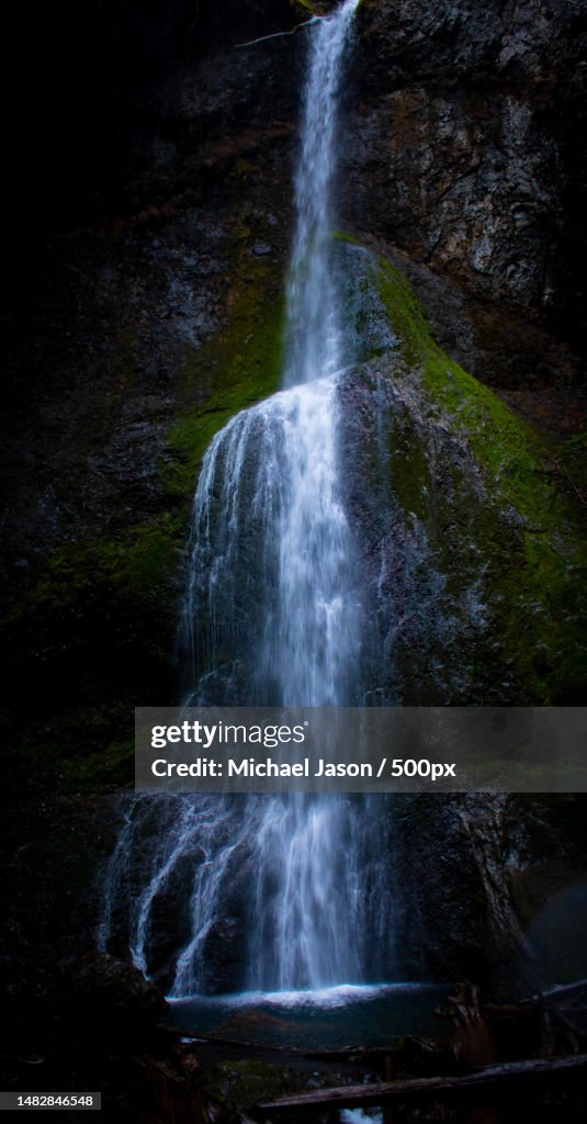 Scenic view of waterfall in forest,Marymere Falls,Washington,United States,USA