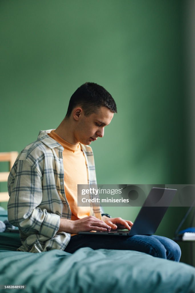 Portrait d’un beau jeune homme assis sur le lit et utilisant son ordinateur portable à la maison
