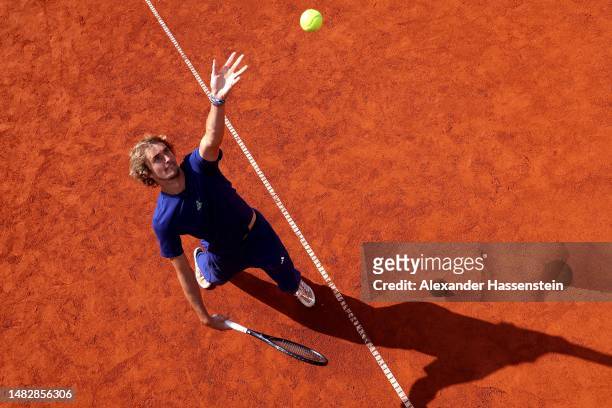 Alexander Zverev of Germany serves during a training session on day three of the BMW Open by American Express at MTTC IPHITOS on April 17, 2023 in...