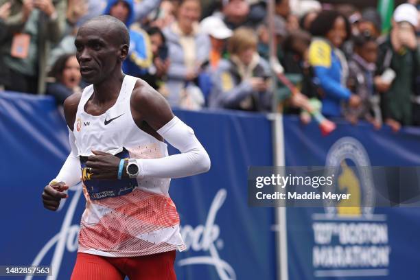 Eliud Kipchoge of Kenya runs in the professional Men's Division during the 127th Boston Marathon on April 17, 2023 in Boston, Massachusetts. Kipchoge...