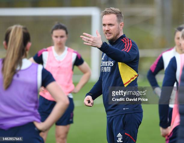 Jonas Eidevall the Arsenal Women's Head Coach during the Arsenal Women's training session at London Colney on April 17, 2023 in St Albans, England.