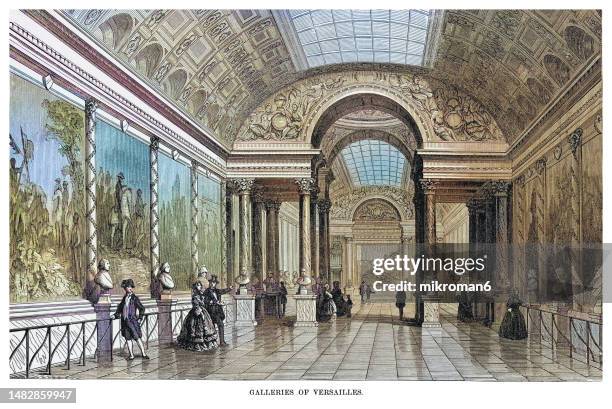 old engraved illustration of galleries of versailles palace, paris, france - yvelines stock pictures, royalty-free photos & images