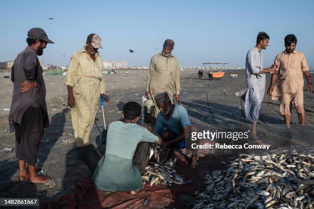 Pakistani fishermen sort fish after bringing in a catch at Clifton Beach on April 17, 2023 in Karachi, Pakistan. Pakistan's Supreme Court rejected a...