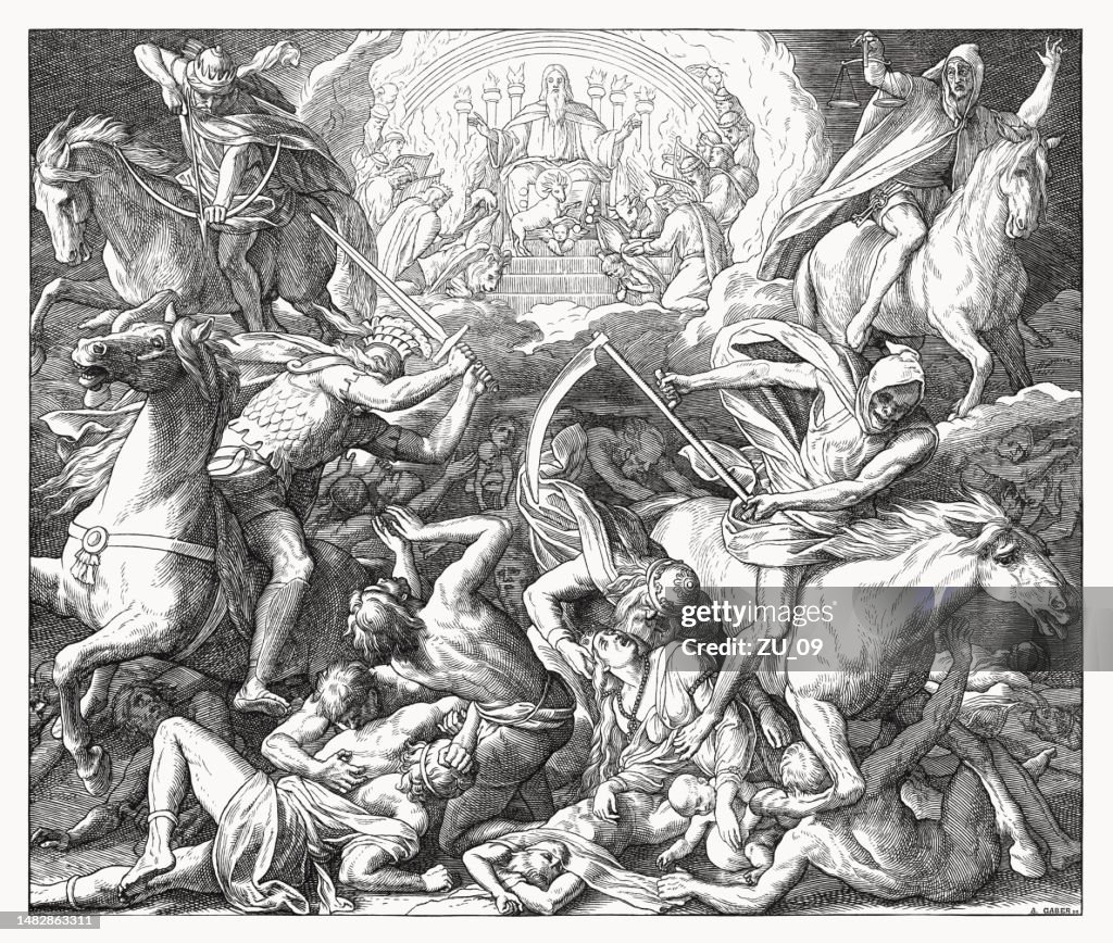 Opening of the first six seals (Revelation 6), woodcut, 1860