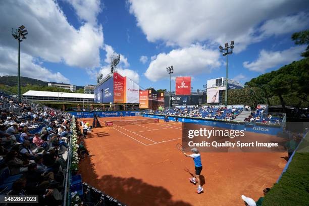 General view as Marco Trungelliti of Argentina plays a backhand shot against Nicolas Jarry of Chile during their Men's Singles First Round match on...