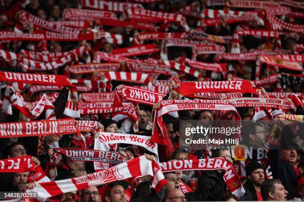 Fans of 1. FC Union Berlin during the Bundesliga match between 1. FC Union Berlin and VfL Bochum 1848 at Stadion an der alten Försterei on April 16,...