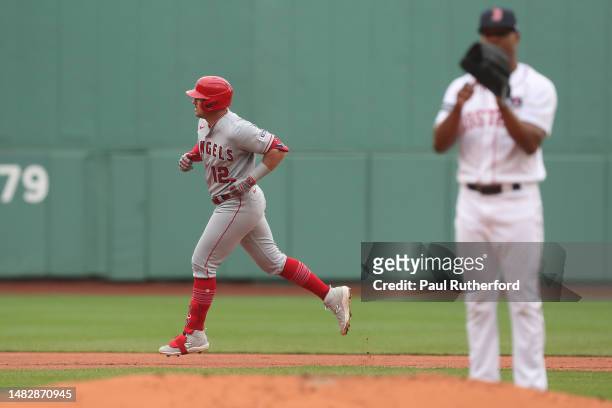 Hunter Renfroe of the Los Angeles Angels rounds the bases after hitting a three run home run during the first inning off of Brayan Bello of the...