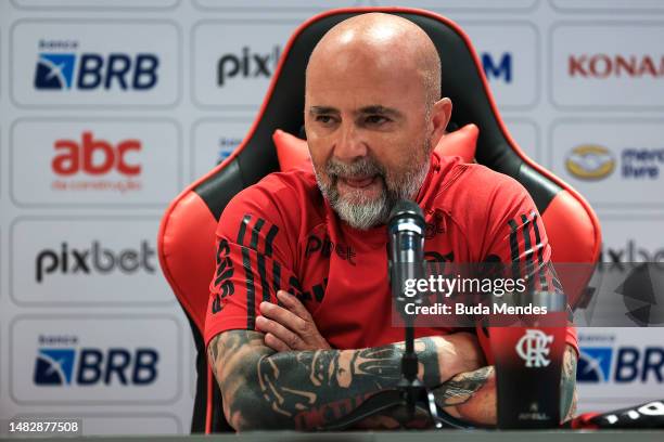 Newly appointed coach of Flamengo Jorge Sampaoli reacts during his presentation press conference at Ninho do Urubu on April 17, 2023 in Rio de...