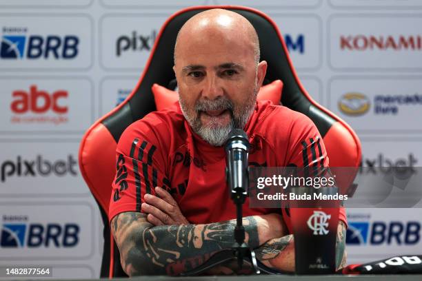 Newly appointed coach of Flamengo Jorge Sampaoli reacts during his presentation press conference at Ninho do Urubu on April 17, 2023 in Rio de...