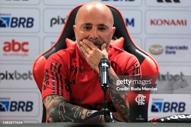 Newly appointed coach of Flamengo Jorge Sampaoli reacts during his presentation press conference at Ninho do Urubu on April 17, 2023 in Rio de...