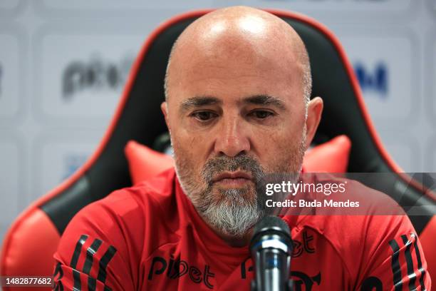 Newly appointed coach of Flamengo Jorge Sampaoli reacts during his presentation press conference at Ninho do Urubu on April 17, 2023 in Rio de...