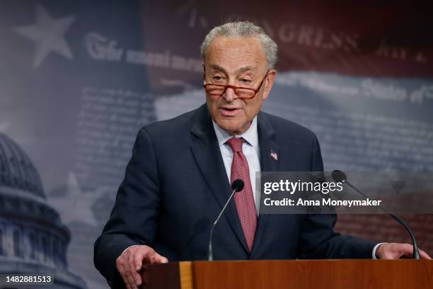 Senate Majority Leader Chuck Schumer speaks to reporters at a press conference at the U.S. Capitol Building on April 17, 2023 in Washington, DC....