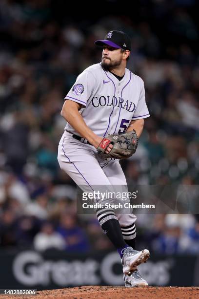 Brad Hand of the Colorado Rockies pitches against the Seattle Mariners at T-Mobile Park on April 14, 2023 in Seattle, Washington.