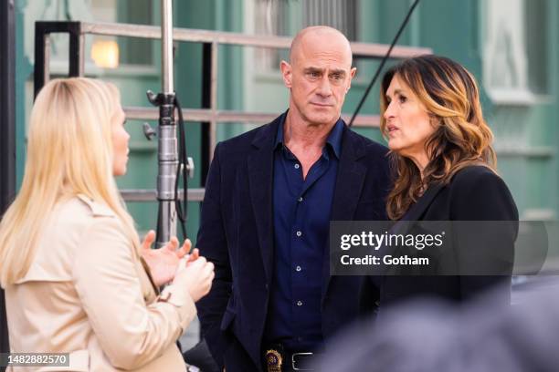 Kelli Giddish, Chris Meloni and Mariska Hargitay are seen filming "Law and Order: Special Victims Unit" in Tribeca on April 17, 2023 in New York City.