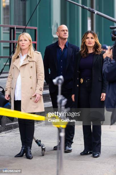 Kelli Giddish, Chris Meloni and Mariska Hargitay are seen filming "Law and Order: Special Victims Unit" in Tribeca on April 17, 2023 in New York City.