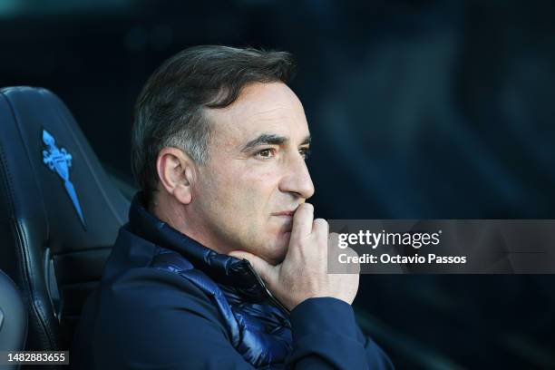 Carlos Carvalhal, Head Coach of RC Celta, looks on prior to the LaLiga Santander match between RC Celta and RCD Mallorca at Estadio Balaidos on April...
