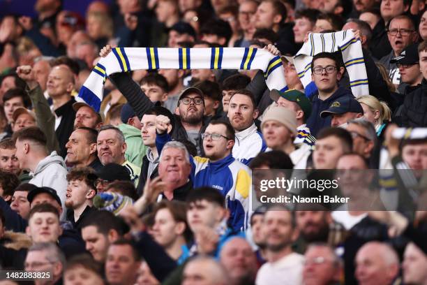 Leeds United fans show their support during the Premier League match between Leeds United and Liverpool FC at Elland Road on April 17, 2023 in Leeds,...