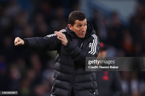 Javi Gracia, Manager of Leeds United, gestures during the Premier League match between Leeds United and Liverpool FC at Elland Road on April 17, 2023...