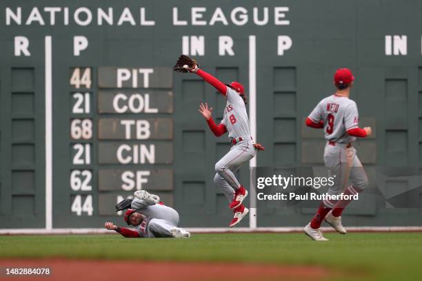 Brett Phillips of the Los Angeles Angels catches a fly ball during the fourth inning against the Boston Red Sox at Fenway Park on April 17, 2023 in...