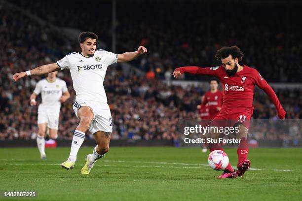 Mohamed Salah of Liverpool scores the team's second goal during the Premier League match between Leeds United and Liverpool FC at Elland Road on...
