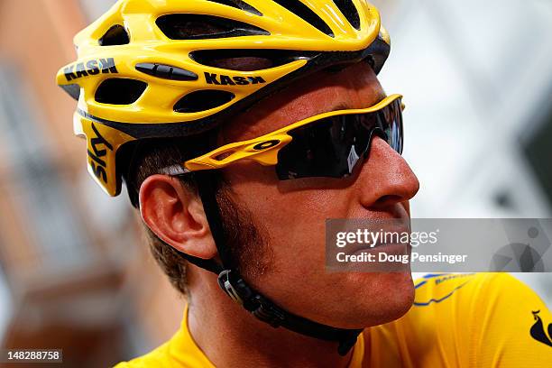 Bradley Wiggins of Great Britain riding for Sky Procycling in the race leader's yellow jersey prepares for the start of stage twelve of the 2012 Tour...