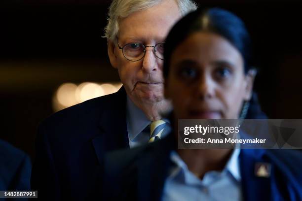 Senate Minority Leader Mitch McConnell walks to the Senate Chambers at the U.S. Capitol Building on April 17, 2023 in Washington, DC. McConnell...