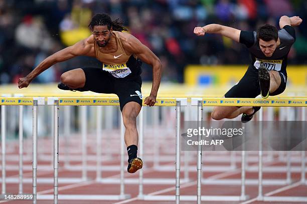 Althete Jason Richardson and Britain's Andrew Pozzi compete in the men's 110m hurdles round 1 heat 2 at the 2012 Diamond League athletics meet at...