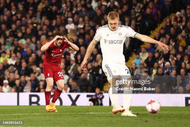Diogo Jota of Liverpool celebrates after scoring the team's third goal during the Premier League match between Leeds United and Liverpool FC at...