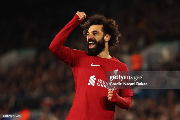 Mohamed Salah of Liverpool celebrates after scoring the team's fourth goal during the Premier League match between Leeds United and Liverpool FC at...