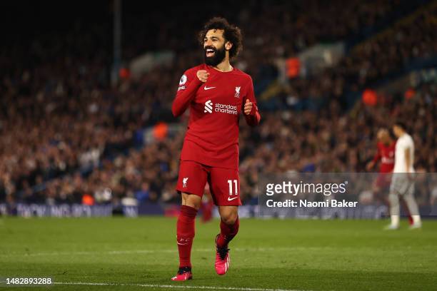 Mohamed Salah of Liverpool celebrates after scoring the team's fourth goal during the Premier League match between Leeds United and Liverpool FC at...