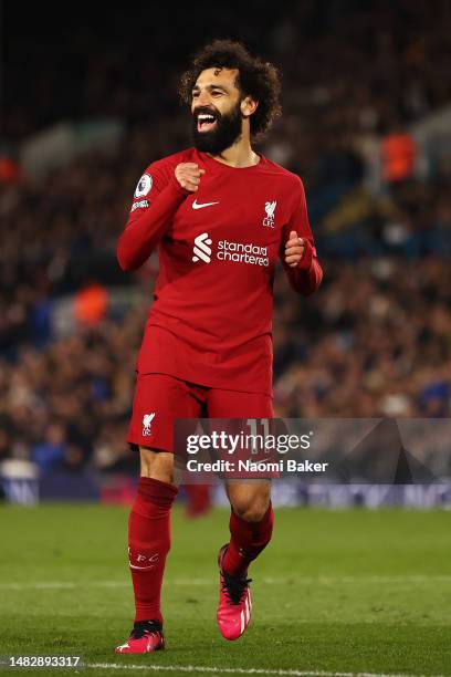 Mohamed Salah of Liverpool celebrates after scoring the team's fourth goal during the Premier League match between Leeds United and Liverpool FC at...