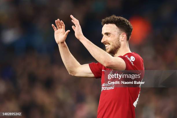 Diogo Jota of Liverpool celebrates after scoring the team's fifth goal during the Premier League match between Leeds United and Liverpool FC at...
