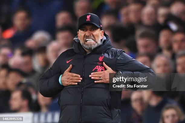 Juergen Klopp, Manager of Liverpool, reacts during the Premier League match between Leeds United and Liverpool FC at Elland Road on April 17, 2023 in...