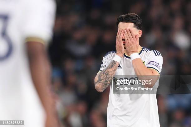 Robin Koch of Leeds United reacts during the Premier League match between Leeds United and Liverpool FC at Elland Road on April 17, 2023 in Leeds,...